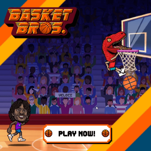 A player is flying up to make a super cool dunk in BasketBros, below is the eyes of the opponent watching, behind is the audience cheering