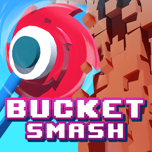 A close-up of a saw blade destroying a brick wall in Bucket Smash