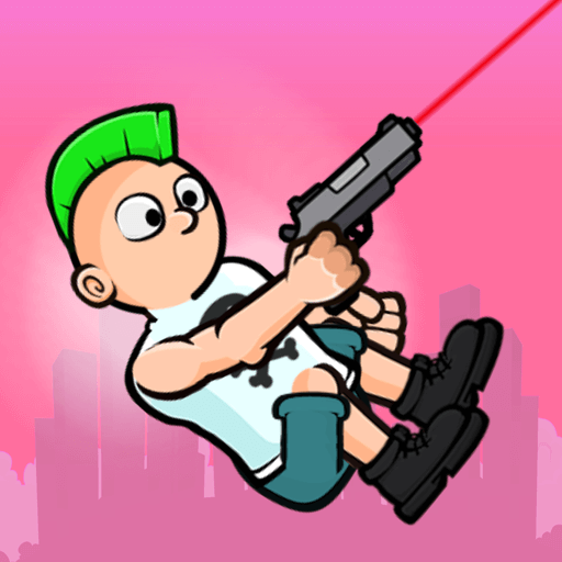 The blue-haired character from Bullet Bros is jumping up and shooting at the same time.