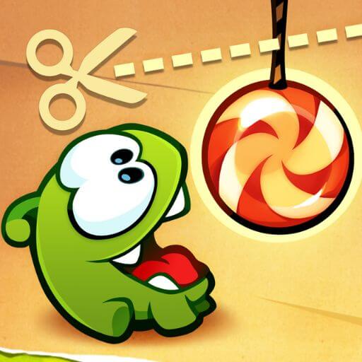 The frog with scissors and the candy hanging on a rope in Cut the Rope