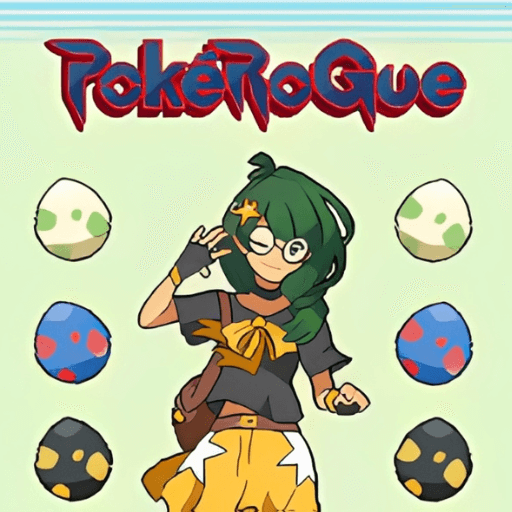 In the game PokeRogue, Ivy is winking mischievously, surrounded by Pokemon eggs of varying rarity levels.