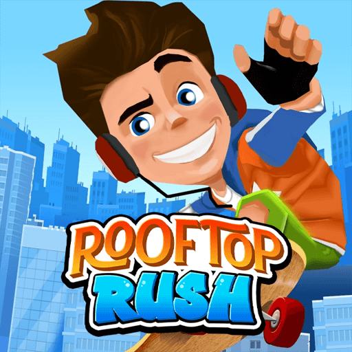 The boy in Rooftop Rush is performing a greeting gesture, with a skateboard at his feet.