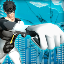 The hero character is swinging across rooftops and performing a power punch in Rope Hero