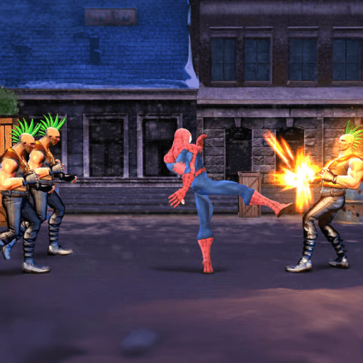 Spider Man is doing a kick to fight crime on the street in Spider Hero Street Fight, behind him are 2 other enemies