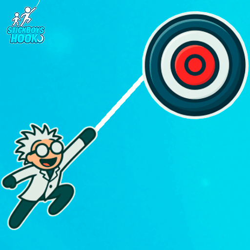 Stickboys Hook character swinging toward a target using a grappling hook against a blue background.