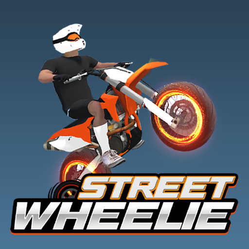 Motorcyclist performing wheelie, orange dirt bike with glowing wheels. Mobile racing stunt Street Wheelie.