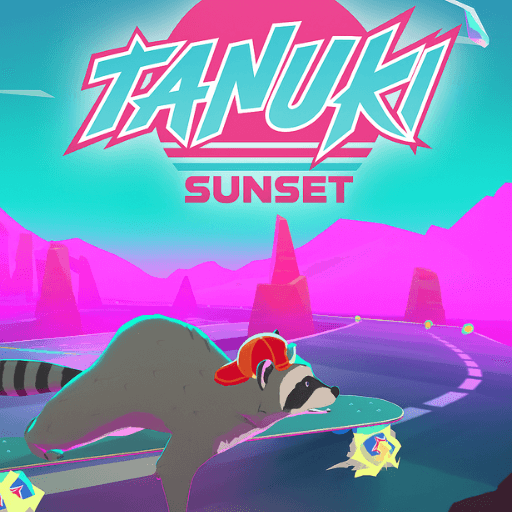 The raccoon skateboards down winding roads towards the sunset in Tanuki Sunset