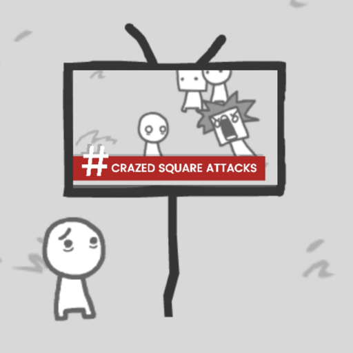A moment broadcast on a square TV in We Become What We Behold shows the impact it has on the stick figures around it
